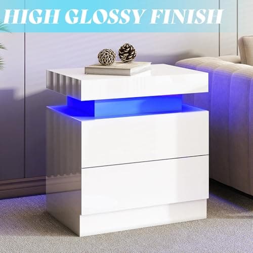 AMERLIFE High Gloss End Table Set of 2 with Charging Station, Modern Bedside Table Night Stand with Lights, LED Nightstand with Drawers for Bedroom Living Room, White view 4