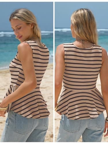 EXLURA Women Summer Tank Tops 97% Cotton Waffle Knit Peplum Top Sleeveless Crewneck Striped Ruffle Hem Business Casual Shirts view 5