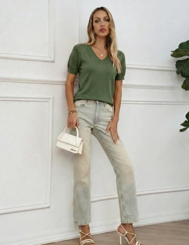 LaGracia Women's Puff Short Sleeve Sweater Spring Summer Tops V Neck Dressy Casual Tops 2026 Trendy view 5