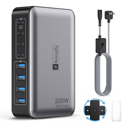 USB C Fast Charger Block 200W, 8 Ports Charging Station for iPhone/Ipad/MacBook, 4C4A GaN Charger Box, Flat Plug Multi Chargers for All Devices 5ft Braided Power Cord with On/Off Switch — image 1