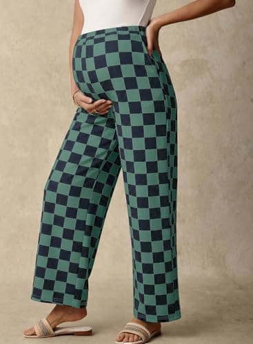 BLENCOT Womens Casual Checkered Pants for Maternity Elastic Waist Wide Leg Pants Grid Pregnant Trousers with Pockets view 6