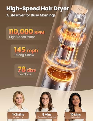 O.H.B 8 in 1 Air Styler & High Speed Hair Dryer Brush, Gold | 110,000 RPM Ionic Blow Dryer with Auto-Wrap Curlers, Rotatable Outlet, Volumizing and Straightening, Includes Travel Case view 6