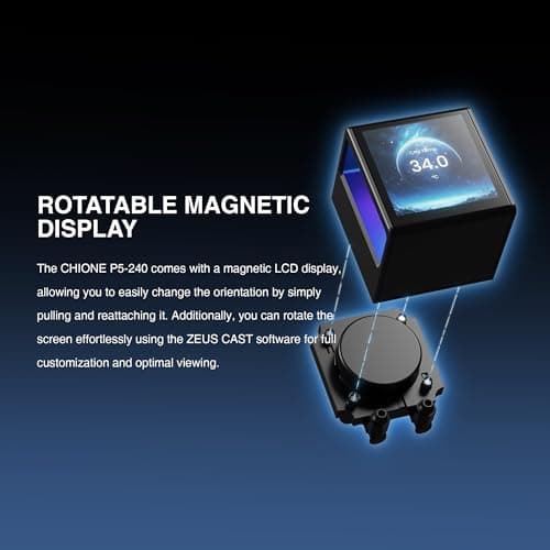 GAMDIAS CHIONE P5-240 Liquid CPU Cooler, 240mm AIO w/Customizable 3.4'' IPS LCD, Rotatable Magnetic Pump, Hidden Cable Fan (Daisy-Chained), Support PWM & ARGB MB Sync, Intel LGA 1851；AMD AM5, Black view 2