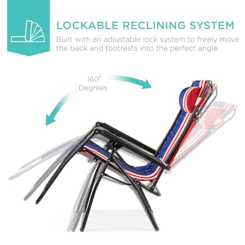 Best Choice Products Folding Zero Gravity Outdoor Recliner Patio Lounge Chair w/Adjustable Canopy Shade, Headrest, Side Accessory Tray, Textilene Mesh - American Flag view 4