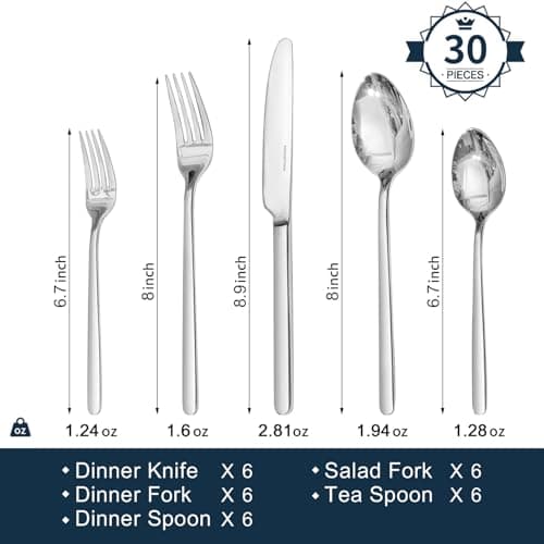 KINGSTONE 30 Pieces Silverware Set, Flatware Cutlery Set for 6, 18/10 Stainless Steel Silverware Utensils Minimalist Design Dishwasher Safe view 2