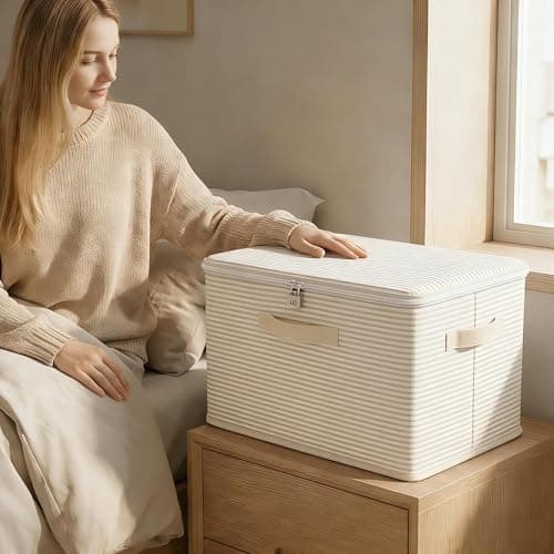 Discreet Lockable Adult Toy Box Storage Organizer with Zipper Lid, 15x10x10 Inch Large Capacity Travel Case, Secure Lock Privacy Bag for Women & Men Clothes Container(Beige Stripes) view 2