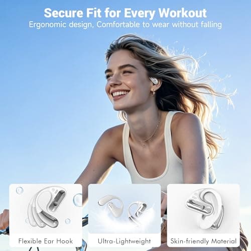Open Ear Headphones, Bluetooth 5.4 Wireless Earbuds with Ear Hooks, 60H Playtime, AI Clear Call, LED Display Charging Case, IPX7 Waterproof Sports Earphones for Running Workouts Commute, White view 5