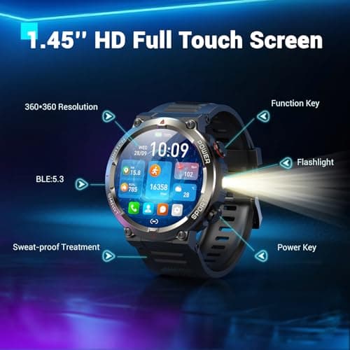 Military Smart Watch for Men(Answer/Make Calls),Outdoor Smartwatch with 100 Days Battery/Flashlight/Compass/Heart Rate/SpO2/Sleep Monitor/2 Straps, Rugged Fitness Watch for iPhone/Android Phones view 2