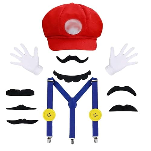 ANCOSJOY Bros Mary & Luigi Hat Costume Mustaches Gloves Buttons for Halloween Costume Cosplay — image 1