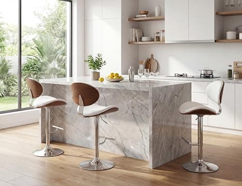 Mapleyard Adjustable Height Barstools Set of 2: Swivel Modern Kitchen Counter Bar Stools, Leather Upholstered Bar Chairs with Walnut Bent Plywood Backrest & Footrest for Island, Dining Room Pub, White view 2