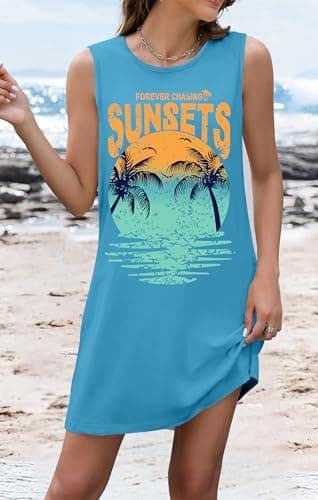 PICKID Summer Dress Hawaiian Dresses Sundresses for Women Sunsets Graphic Mini Tank Sleeveless Vacation Outfits view 2