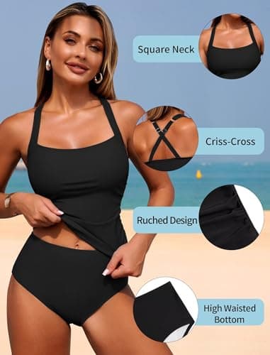 ZAFUL Women's Tankini Swimsuits Tummy Control Swimwear Two Piece Bathing Suits Swim Top with High Waisted Bottom view 4