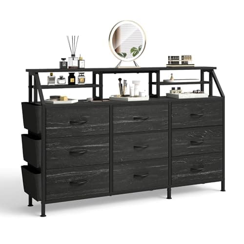 Miereirl 55''W Dresser for Bedroom, 9 Fabric Drawers & 2 Open Shelves for Closet, Bedroom Dresser with Side Pocket, Wide Chest of Drawers, for Bedroom, Living Room,Hallway (Black) view 1