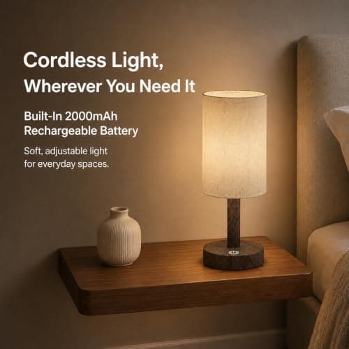 Small Rechargeable Cordless Table Lamp, Nightstand to Desk, Dark Walnut | 2000mAh Battery Operated Lamp, Soft Linen Glow for Bedside, Bedroom, Side Tables and Home Decor, 3 Color Modes, Touch Dimming view 5