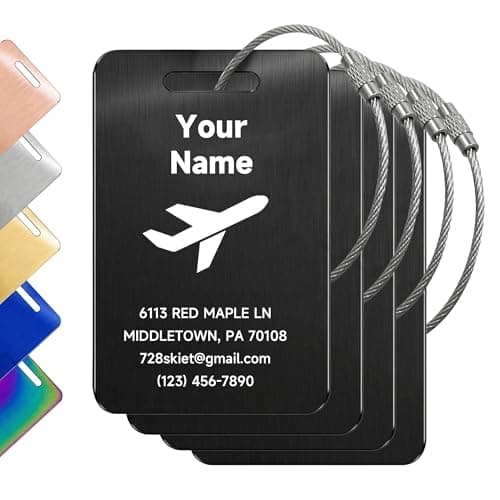 Custom Stainless Steel Luggage Tags, Personalized Laser Engraved Tags, Heavy Duty Travel ID Identification Tags for Backpacks & Duffel Bags, Easy to Spot at Baggage Claim, 6 Colors Available.