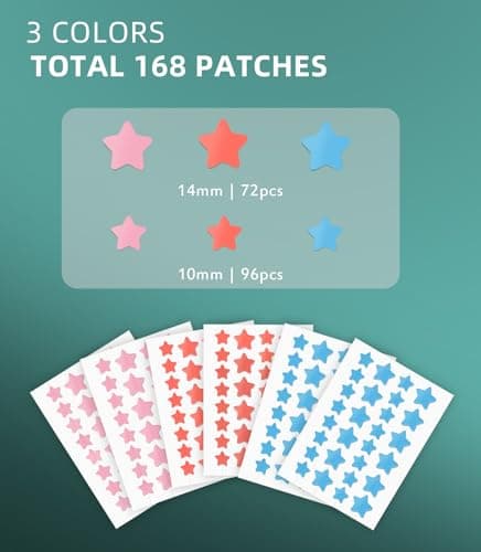 Jefusst Star Acne Patches 168 Counts, Pimple Patch Pimple Patches for Face Pimple Patches Stars Hydrocolloid Acne Patches Cute Zit Patches Healing Sticker, Pink, Blue and Orange view 2