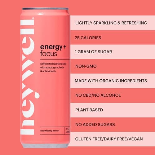 Heywell Sparkling Adaptogenic Water Energy and Focus, Strawberry Lemon Flavor 12 Fluid Ounce (Pack of 12) - Caffeinated, Organic, Non GMO, Vegan, Gluten Free, Dairy Free view 4