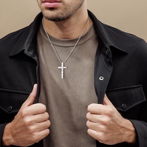 M MOOHAM 2 Pcs Cross Necklace for Men, Silver and Black Cross Pendant view 3