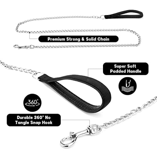 Jumpress Heavy Duty Chain Dog Leash for Medium Large Dogs, Chew Proof Metal Dog Lead with Soft Padded Handle, Classic Black 4FT Leash view 3