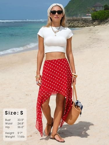 EXLURA Women Summer Boho Skirts Polka Dot Asymmetrical Midi Skirt Y2K Elastic Waist Flowy Skirts Beach Vacation Cover Ups view 5