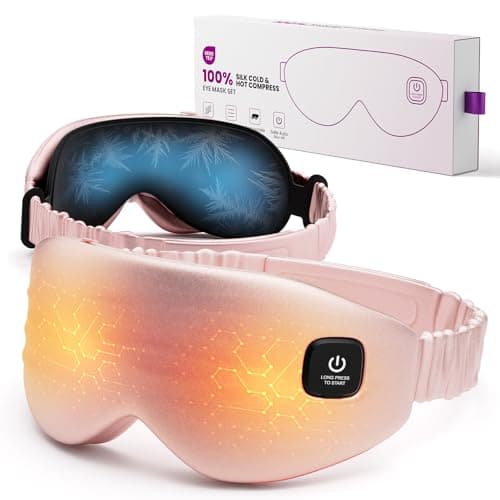 100% Silk Wireless Heated Eye Mask with Cooling, Relieves Dry Eye Syndrome and Puffy, Reduces Dark Circles, Adjustable Velcro Design and Washable Cover, Suitable for Travel & Gifts-Pink.