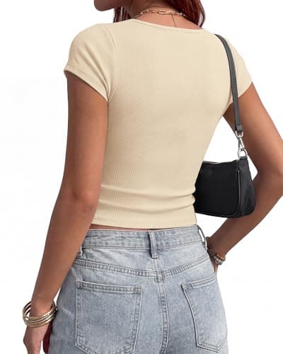 BTFBM Women Short Sleeve Tops Square Neck Ribbed Knit Basic Tee Shirt Y2K Casual Summer Clothes 2026 Spring Outfits view 4