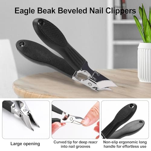 Eagle Beak Nail Clippers for Ingrown & Thick Nails – Beveled/Slanted/Angled Blades, Long Handle Wide Jaw, Anti-Splash Ultra Sharp Stainless Steel Edge 3-Piece Set for Men/Women (Black) view 3