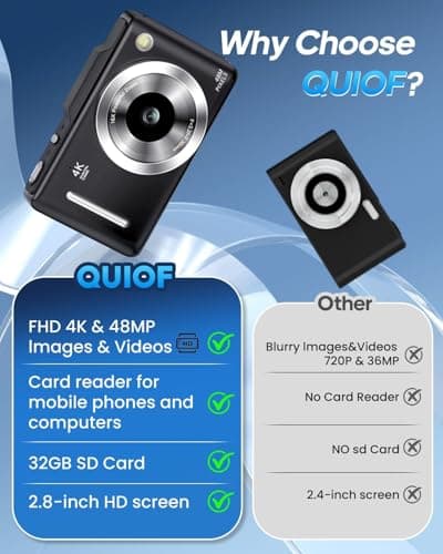 Digital Camera 4K for Kids-48MP Autofocus Vlogging Camera with 32GB Card, 16X Zoom, Anti-Shake, Compact Point and Shoot Camera for Teens Beginners, Birthday Gift Black view 4