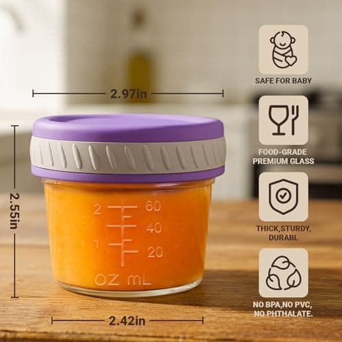 Sursip Glass Baby Food Storage Containers, 4 oz Small Mason Jars with Lids, Airtight for Baby Puree Containers, Juice, Milk, Yogurt, Overnight Oats, Mini Toddler Snack Cups - 8 Pack view 3