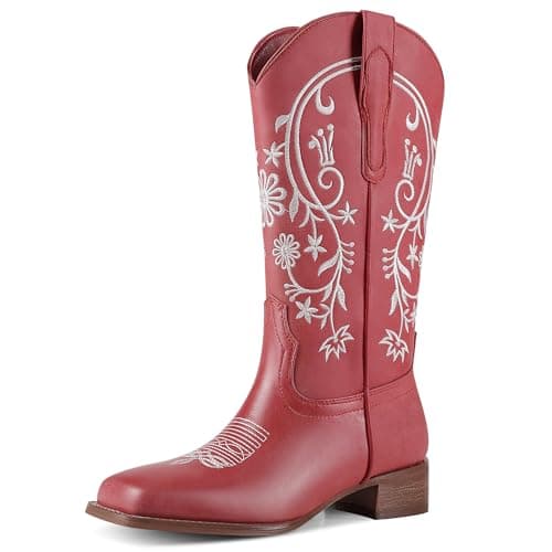 UJPFEO Cowboy Boots for Women Mid Calf Cowgirl Boots Square Toe Pull On Low Chunky Heel Embroidery Western Boots — image 1