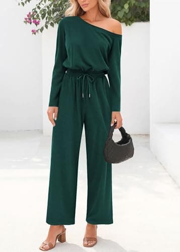 Lazysmile Jumpsuits For Women Dressy Long Sleeve Off Shoulder One Piece Wide Legs Rompers Casual Fall Outfits with Pockets view 6
