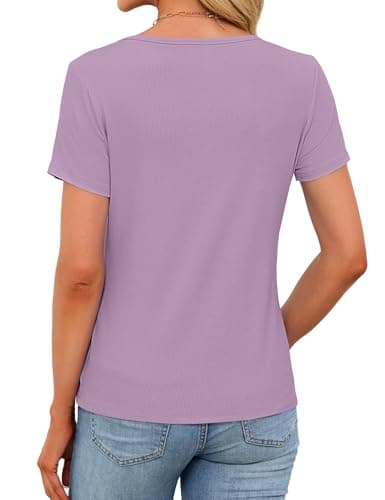 JUSTFASHIONNOW Womens Short Sleeve Tops Stretchy Henley Scoop Neck Fitted Casual Basic Ribbed T-Shirts 2026 Summer Trendy view 5