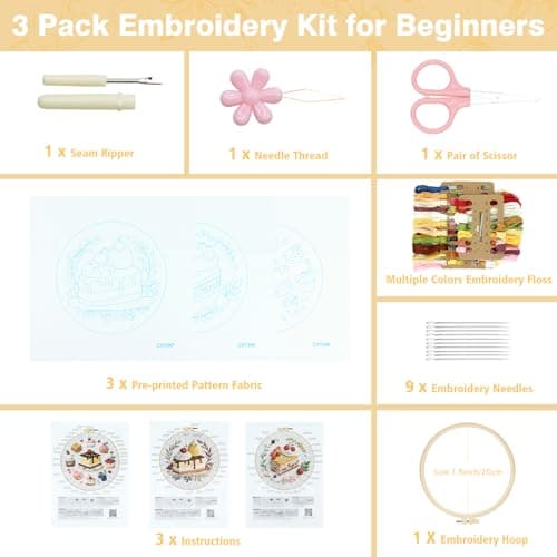 RidaaFri Embroidery Kit for Beginners, 3PC Starter Set with Pre-Printed Cake & Fruit Patterns, Includes Hoop, Needles, Floss, Step-by-Step Guide, DIY Hand Embroidery Craft for Adults view 3