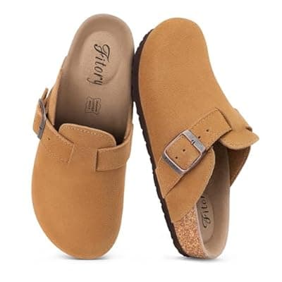 FITORY Women's Genuine Suede Clogs with Arch Support & Adjustable Buckle – Comfort Cork Footbed for Indoor and Outdoor Size 5-11