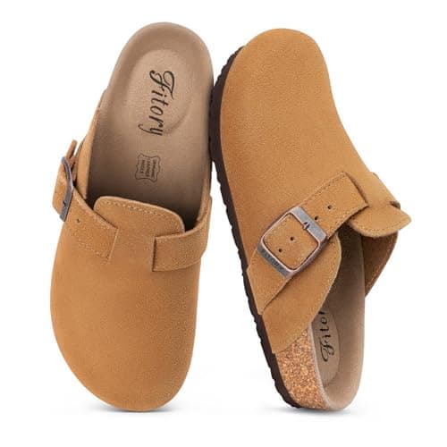 FITORY Women's Genuine Suede Clogs with Arch Support & Adjustable Buckle – Comfort Cork Footbed for Indoor and Outdoor Size 5-11 — image 1