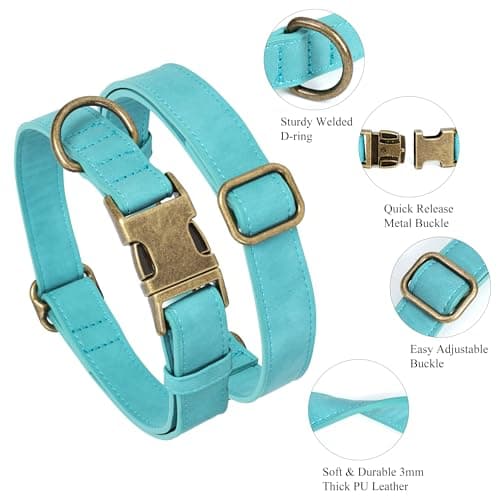 Jumpress Soft Leather Dog Collar for Small Medium Large Dogs, Heavy Duty Dog Collar Leather with Quick Release Metal Buckle, Durable & Adjustable for Large Dogs Walking (Teal Blue, L) view 2