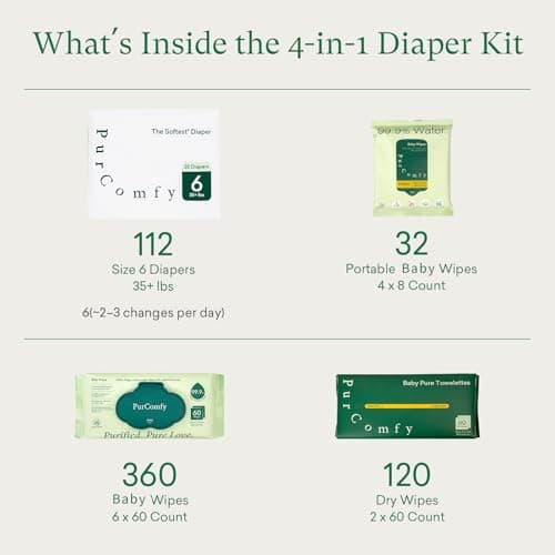 PurComfy Baby Diapers Essential Kit, 4 Pack Size 6 Diapers (112 Ct), 6 Baby Wipes (360Ct), 4 Travel Pack Wipes (32Ct) and 2 Dry Wipes (120Ct), All in One Newborn Essentials Kit, Total 624 Count view 2