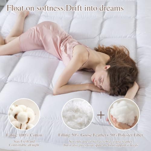 WhatsBedding 3 in Goose Feather Bed Mattress Topper,100% Cotton Fabric | 2000gsm Filled for ultimate softness, Breathable & noiseless, Anti-slip,Handmade Box-stitch, Multiple Application view 2
