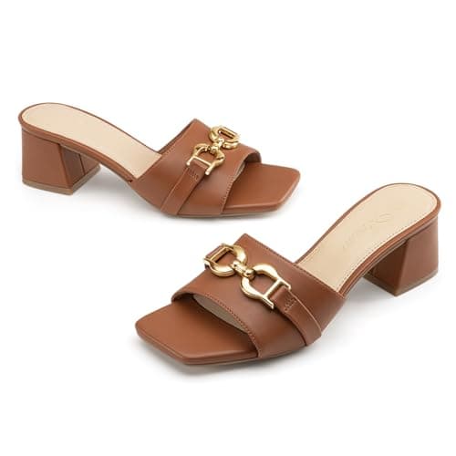 Athlefit Women's Raffia Heeled Sandals Square Open Toe Slip On Mules Chunky Block Heels with Metal Chain for Summer Vacation view 4