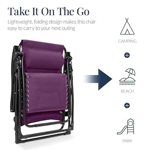 Best Choice Products Oversized Padded Zero Gravity Chair, Folding Outdoor Patio Recliner, XL Anti Gravity Lounger for Backyard w/Headrest, Cup Holder, Side Tray, Polyester Mesh - Amethyst Purple view 5