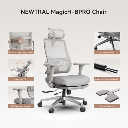 Newtral Office Chair Ergonomic with Footrest, Auto-Following Lumbar Support, High Back Desk Chair with 4D Armrest,136° Tilt Lock, Adjustable Seat Depth & Height (Supreme, Grey) view 4