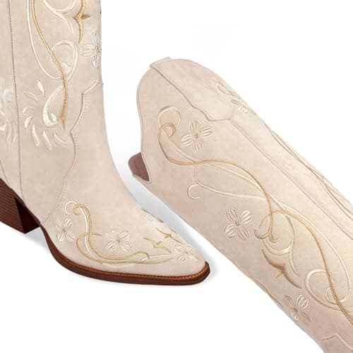 LeunDen Beige Cowboy Boots for Women, Knee High Cowgirl Boots with Pointed Toe, Chunky Heel, Floral Embroidery Western Boots Suede Tall Boots Size 7 view 5