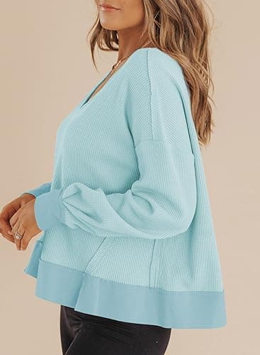 Dokotoo Womens Spring Outfits V Neck Waffle Knit Tops Cropped Sweaters Long Sleeve Pullover Crop Top view 3