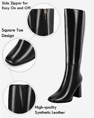 Coutgo Womens Wide Calf Knee High Boots Chunky High Heel Square Toe Fashion Leather Shoes with Side Zipper view 3