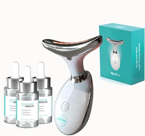 MyoGlow Arm Lifting Device with 5% Niacinamide Serum, 90 Day Supply Set | My Derma Dream, Red Blue Amber Light, Sonic Vibration, 3 Bottles, Rechargeable, Face, Neck, Arms — image 1