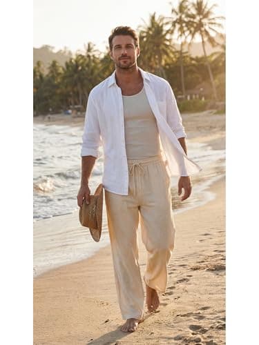 Men's Cotton Linen Pants Elastic Drawstring Lightweight Trousers view 4