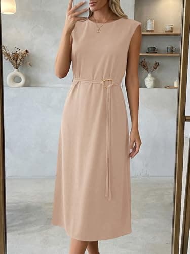 Wenrine Womens Sleeveless Midi Dress Summer Work Office Back Slit Elegant Flowy Tank Casual Vacation Dresses view 4