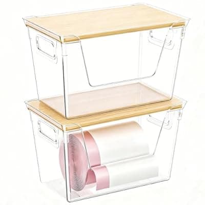 ShinyDew 2 Pack Trash Bag Dispenser with Bamboo Lid, Stackable Trash Bag Holder, Large Clear Garbage Bag Organizer for 4-33 Gal Bags, Space-Saving Under Sink Organizer for Kitchen, Laundry, Pantry