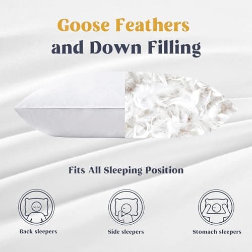 puredown® Goose Feathers and Down White Pillows with 100% Cotton Cover, Bed Sleeping Hotel Collection Pillows Set of 2, Standard Size view 3