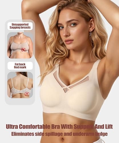 Sae Eleisa Women Push Up Wireless Bra Mesh V Neck Seamless Bralette No Underwire High Support Everyday Bras for Women view 4